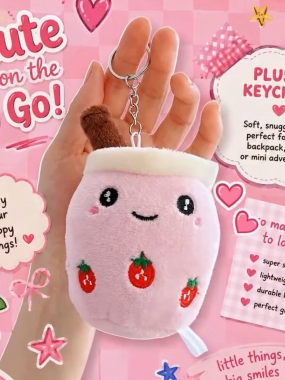 Plush Pink Strawberry Bubble Tea Keychain with Gold Hardware
